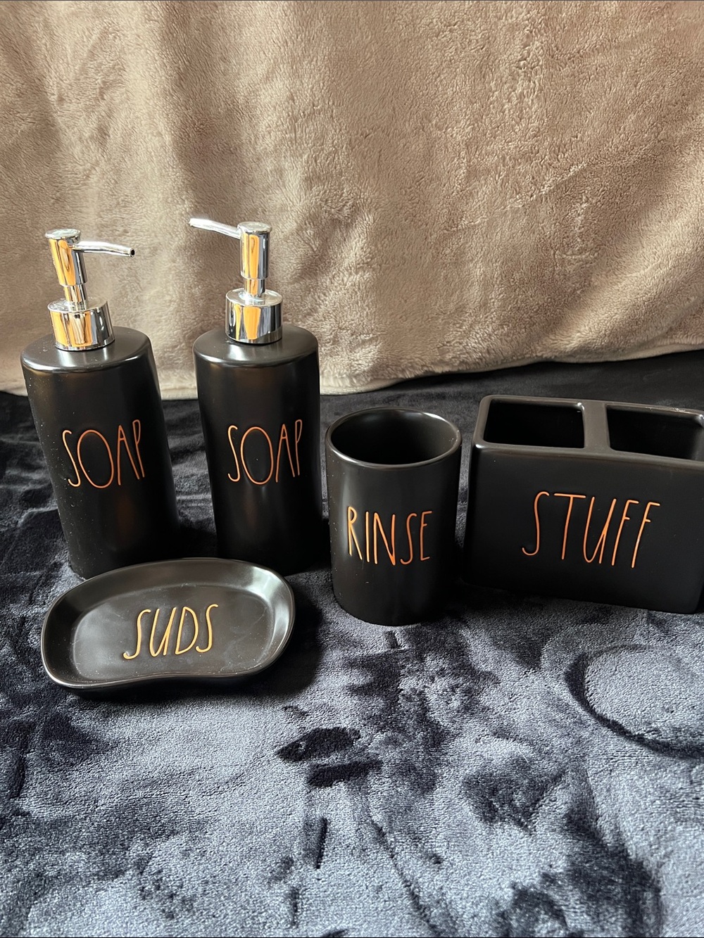 Rae Dunn Black Bath Accessory Set with Copper Lettering